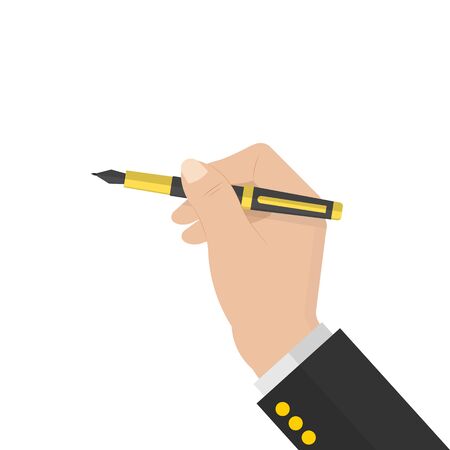 black ballpoint pen in human hand. stock vector illustration isolated on white background in cartoon style.10 eps.のイラスト素材