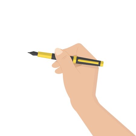 black ballpoint pen in human hand. stock vector illustration isolated on white background in cartoon style.10 eps.のイラスト素材