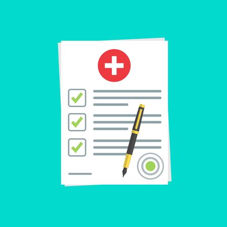 medical insurance document or contract and ballpoint pen. Medical report.stock vector illustration.10 eps.のイラスト素材