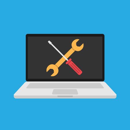 Wrench and screwdriver on laptop screen. Computer repair, device maintenance. Technical support or customization. Vector illustration in a flat style.のイラスト素材