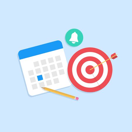 Calendar, arrow hit the target, notification icon and pencil. Concept of planning events or setting goals and achieving them. Vector illustration.のイラスト素材