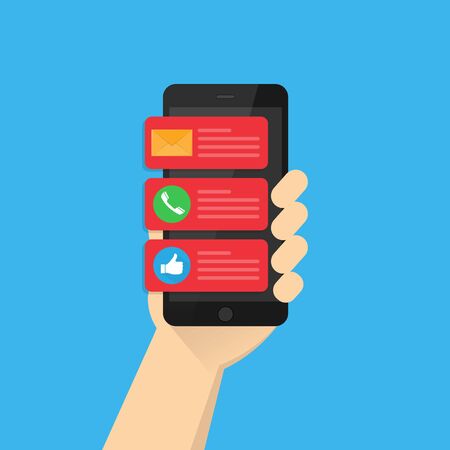 notifications on the phone screen. new message, missed call, thumbs up. stock vector illustration.のイラスト素材
