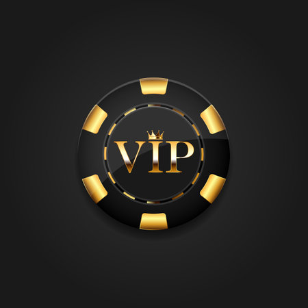 Casino chip with gold vip sign and crown. Vector illustration isolated on charming background.のイラスト素材
