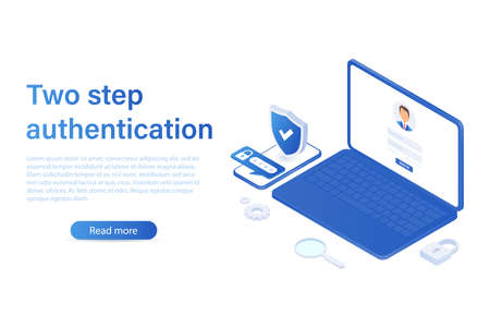 Landing page. Two-step vector illustration of authentication, smartphone and computer login...