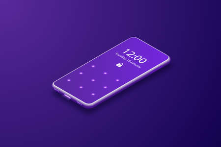 smartphone with security lock screen. mobile phone isolated on purple background. vector...