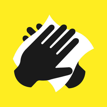 Disinfection skin care. Wipe the skin with a paper towel. To wash hands. Personal hygiene. White napkin. Wipe your hand with a damp cloth of a black icon.Vector illustration.10 eps.のイラスト素材