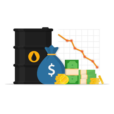oil barrel and graph. oil market drop. oil price. price reduction. barrel and money. vector illustration isolated on white background.のイラスト素材