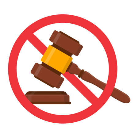 Auction hammer prohibited.Stop sign vector red icon.No to law.Judge gavel icon.Warning or no entry forbidden. Red symbol. Prohibition and restriction.Censorship.Vector illustration.のイラスト素材
