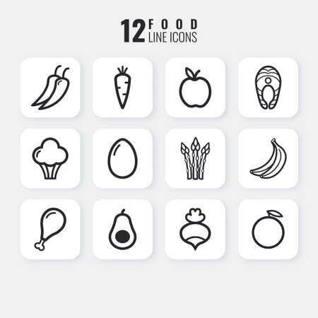 set of linear icons of vegetables, meat and fruits for a healthy diet. vector illustration in a minimalist style.のイラスト素材