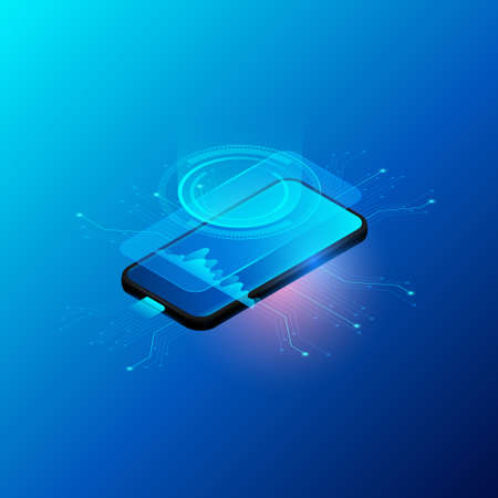 smartphone technology and digital future. mobile phone isometric illustration. vector, realistic 3d illustration using gradient.のイラスト素材