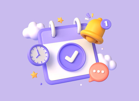 3d calendar, clock and bell in cartoon style. financial reminder. payday or tax reminder....