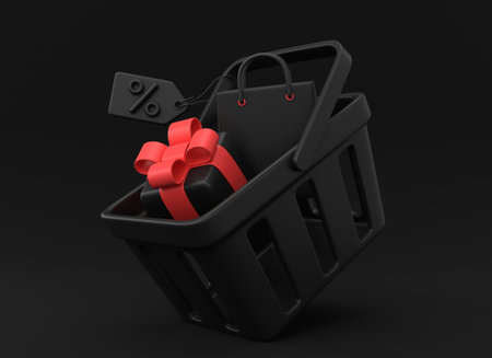 3d food basket, gift box and shopping bag inside. shopping cart and price tag with percent sign. shopping or sales concept for black friday or new year. 3d rendering realistic style.の写真素材