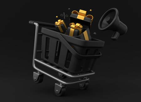 3d food basket or trolley with gift boxes inside and loudspeaker. shopping or sales concept for black friday or new year. 3d rendering of a shopping cart in realistic style.の写真素材