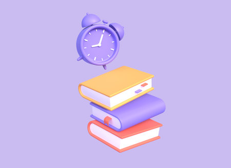 3D alarm clock and books with bookmarks in flight. the concept of getting an education or the...