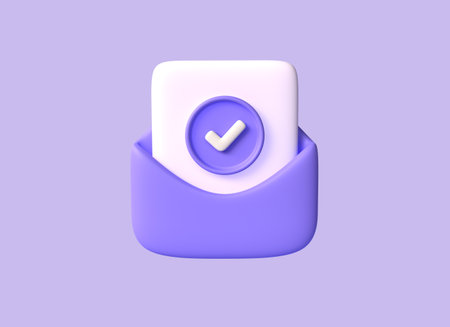 3d icon of an open mail envelope with a letter inside and a checkmark in cartoon style. realistic illustration isolated on purple background. 3d renderingの写真素材