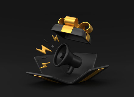 3d open gift box with golden bows and mechaphone with lighting in realistic style. banner for sale advertising for black friday or new year. 3d rendering.の写真素材