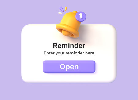 3d notification box with yellow bell and open button in cartoon style. concept of reminder or business planning event. illustration isolated on purple background. 3d renderingの写真素材