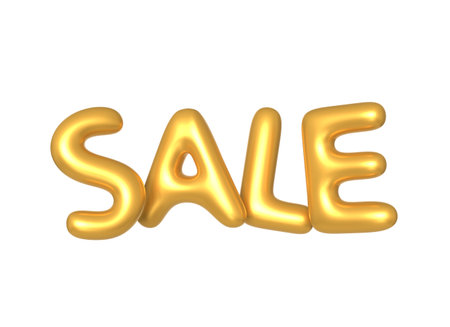 3d inscription sale of golden balloons in a realistic cartoon style. 3d rendering isolated on white background.の写真素材