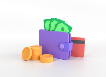3d wallet, green banknotes, gold coins and a credit card in a minimalistic cartoon style. illustration isolated on white background. 3d renderingの写真素材