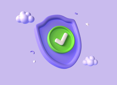 3d green checkmark shield icon in cartoon style. the concept of security or reliable protection in the internet and social networks. illustration isolated on purple background. 3d renderingの写真素材