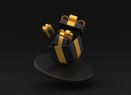 3d open big black gift box with small gifts inside in flight.minimalistic realistic style. banner for advertising sale for black friday or new year. 3d rendering.の写真素材