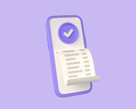 3d mobile phone with check mark on screen and receipt .concept of online payment, transaction confirmation, finance management via phone. 3d rendering. illustration isolated on purple background.の写真素材
