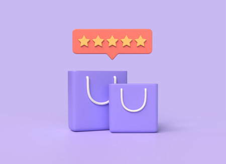 3d shopping bags and five star rating in cartoon. online shopping concept. store banner decor elements. illustration isolated on purple background. 3d renderingの写真素材