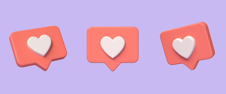 3d heart icon for social media and speech bubble from different angles. concept of online application notifications. illustration isolated on purple background. 3d renderingの写真素材