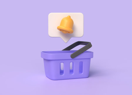 3d shopping cart and bell on speech bubble. the concept of online notification of promotions and discounts in stores. illustration isolated on purple background. 3d renderingの写真素材