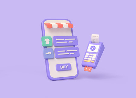 3d illustration mobile phone, terminal, credit card and buy button. the concept of online shopping in the store, digital marketing promotion. online payment using smartphone. 3d renderingの写真素材