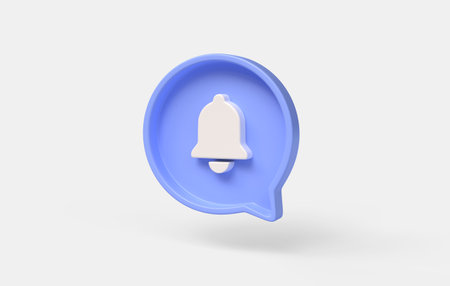 3d bell icon on blue speech bubble.notifications or receiving sms attention sign by email. illustration isolated on white background. 3d renderingの写真素材