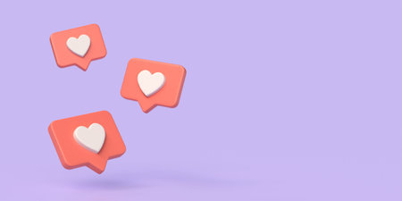 3d heart icon for social media and speech bubble from different angles. concept of online application notifications. illustration isolated on purple background. 3d renderingの写真素材