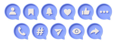notification icons for social networks. 3d set of thumb up, heart, bell, bookmark, hashtag, arrow share, phone, view, speech bubble. illustration isolated on white background. 3D renderingの写真素材