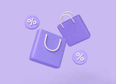 3d shopping bags and percent signs in cartoon. online shopping concept. store banner decor elements. illustration isolated on purple background. 3d renderingの写真素材