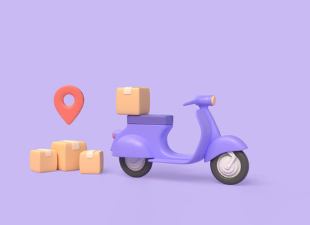 3D delivery service scooter and cardboard boxes for parcels, location icon. fast delivery service concept. purchases in the online store. 3d renderingの写真素材