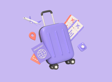 3d suitcase, plane tickets, credit card and passport. travel and tourism concept. summer holiday planning. illustration isolated on purple background. 3d renderingの写真素材