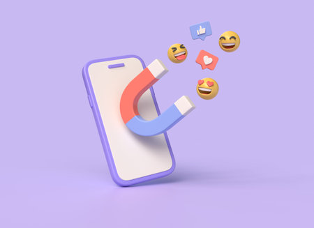 3d mobile phone, magnet, emojis, heart and thumbs up on speech bubble. social media content creation and follower acquisition. illustration isolated on purple background. 3d renderingの写真素材