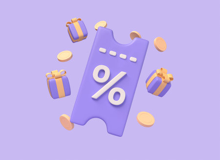 3d coupons with percent sign, gift boxes and gold coins. the concept of getting a discount on purchases in the online store. special offer digital marketing. 3d renderingの写真素材