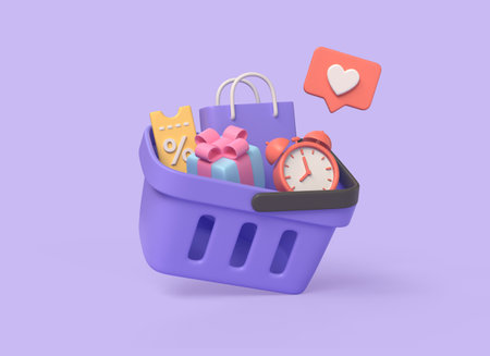 3d shopping cart with alarm clock, coupon with percent sign, bag and gift box.the concept of getting a discount on purchases in an online store. illustration isolated on purple background.3d renderingの写真素材