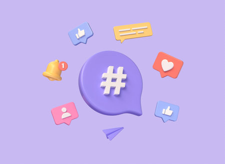 3d hashtag icon, search symbol on notification icon, bell, heart, thumbs up. the concept of communication in social networks. digital marketing. illustration on purple background. 3d renderingの写真素材