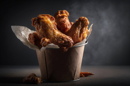 fried chicken wings in a paper bucket on a dark background. ai generativeの素材
