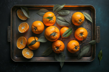 oranges with a cut in half and green leaves on a metallic, antique, vintage tray and a dark blue background. ai generativeの素材