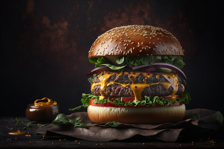 juicy burger with vegetables and meat on a dark background. ai generativeの素材