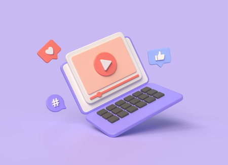 3d video player on laptop screen with heart icons, thumbs up, hashtag on speech bubble. live...