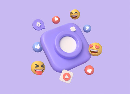 3d mini camera and like, thumbs up and hashtag icons in cartoon style.social media photo posting concept.digital marketing.illustration isolated on purple background.3d renderingの写真素材