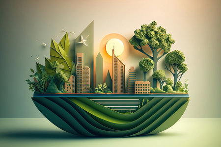 paper cut eco city among nature, green energy concept. Renewable energy by 2050. Greenhouse gas emissions CO2. AI generativeの素材