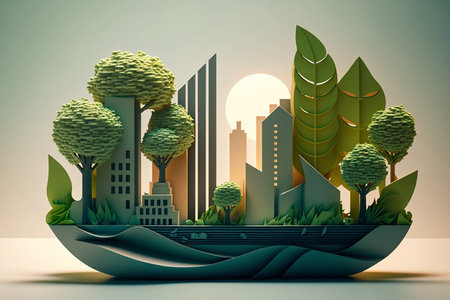 paper cut eco city among nature, green energy concept. Renewable energy by 2050. Greenhouse gas emissions CO2. AI generativeの素材