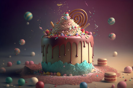 colorful birthday cake with lots of icing and decor elements. ai generativeの素材