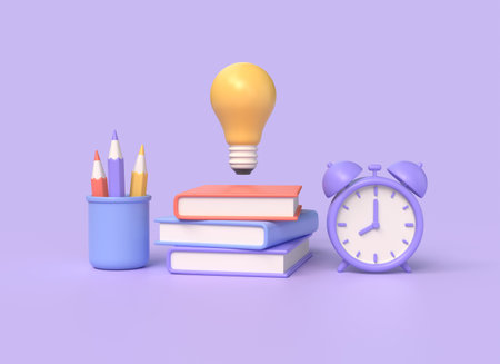 3d stack of books, light bulb, alarm clock in cartoon style. concept of back to school or getting education, online learning. illustration on purple background. 3d renderingの写真素材