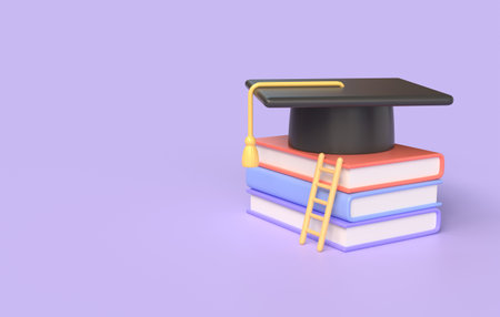 3d stack of books, graduate hat, ladder in cartoon style.concept of back to school or getting education, online learning. illustration on purple background. 3d renderingの写真素材